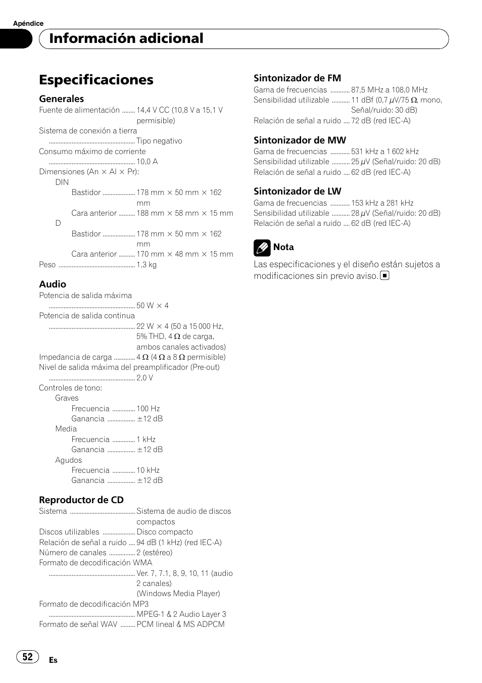 Especificaciones, Información adicional | Pioneer DEH-1200MP User Manual | Page 52 / 94