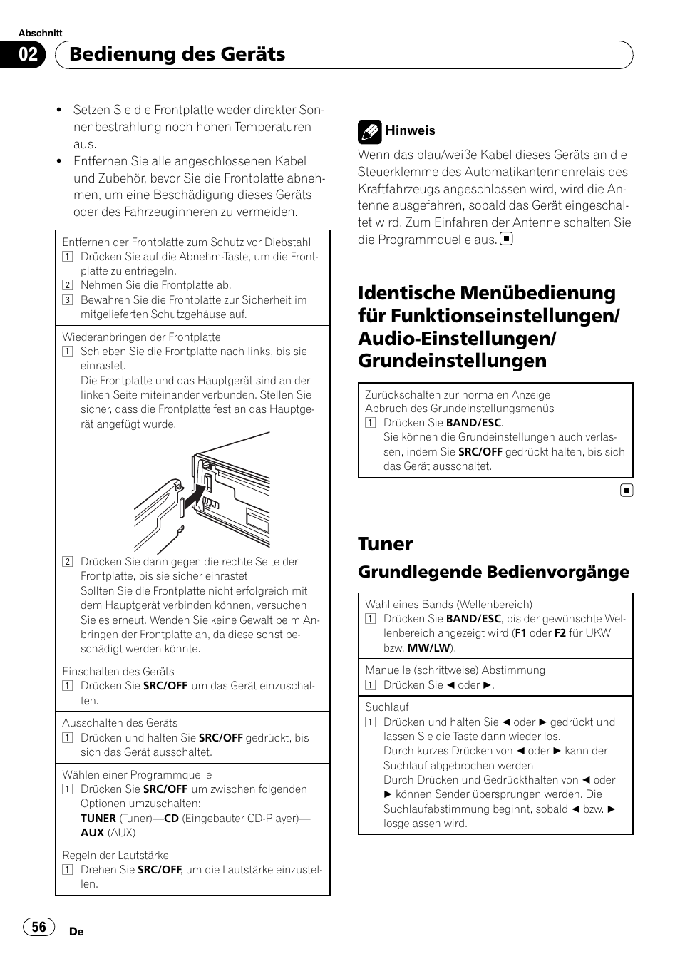 Tuner, Bedienung des geräts, Grundlegende bedienvorgänge | Pioneer DEH-1200MP User Manual | Page 56 / 94