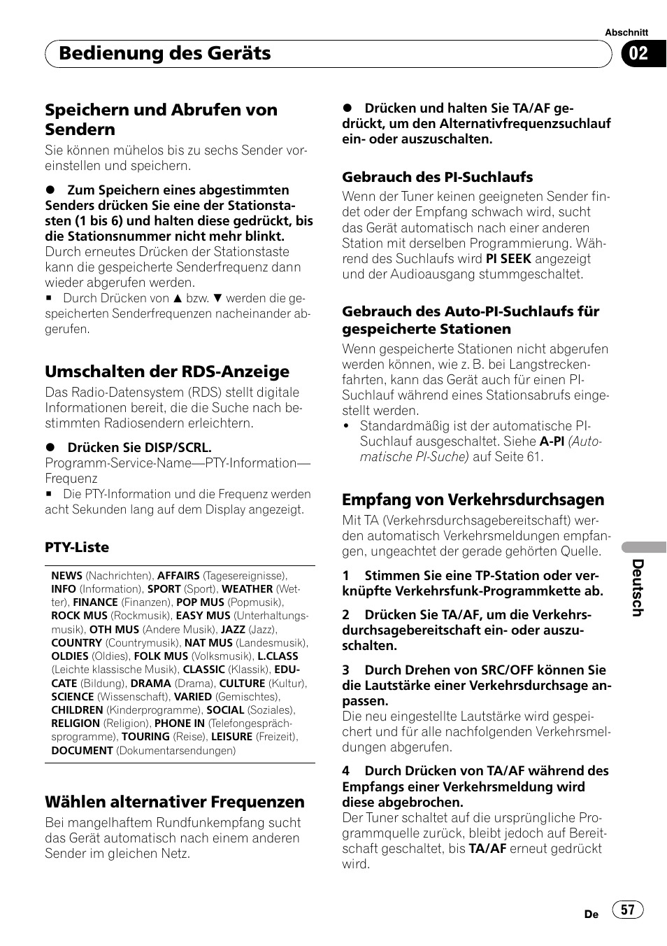 Bedienung des geräts, Speichern und abrufen von sendern, Umschalten der rds-anzeige | Wählen alternativer frequenzen, Empfang von verkehrsdurchsagen | Pioneer DEH-1200MP User Manual | Page 57 / 94