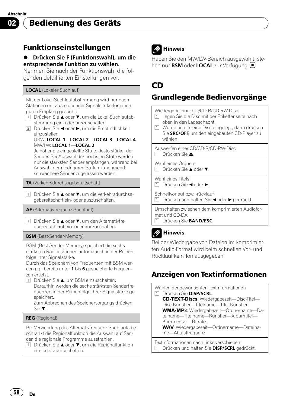 Bedienung des geräts, Funktionseinstellungen, Grundlegende bedienvorgänge | Anzeigen von textinformationen | Pioneer DEH-1200MP User Manual | Page 58 / 94