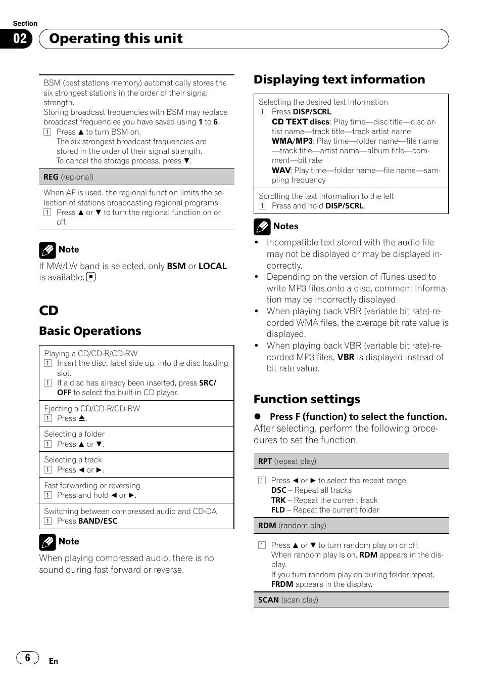 Operating this unit, Basic operations, Displaying text information | Function settings | Pioneer DEH-1200MP User Manual | Page 6 / 94
