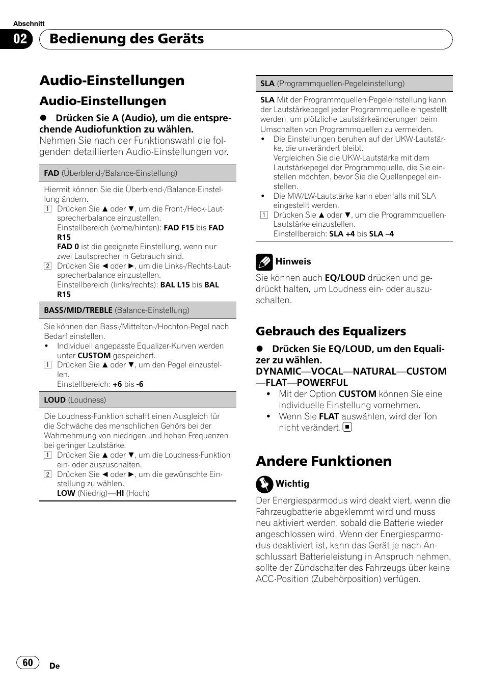 Audio-einstellungen, Andere funktionen, Bedienung des geräts | Gebrauch des equalizers | Pioneer DEH-1200MP User Manual | Page 60 / 94