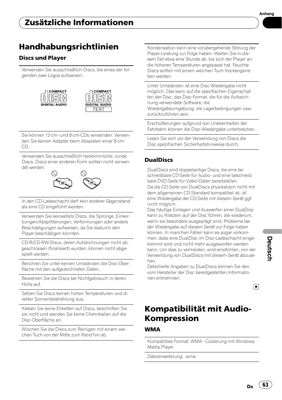 Handhabungsrichtlinien, Kompatibilität mit audio- kompression, Zusätzliche informationen | Deutsch | Pioneer DEH-1200MP User Manual | Page 63 / 94