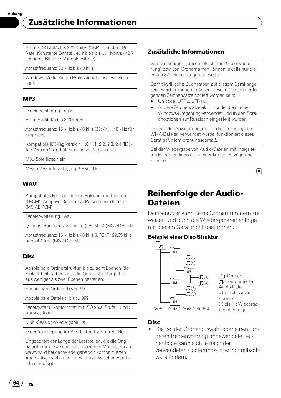 Reihenfolge der audio- dateien, Zusätzliche informationen | Pioneer DEH-1200MP User Manual | Page 64 / 94