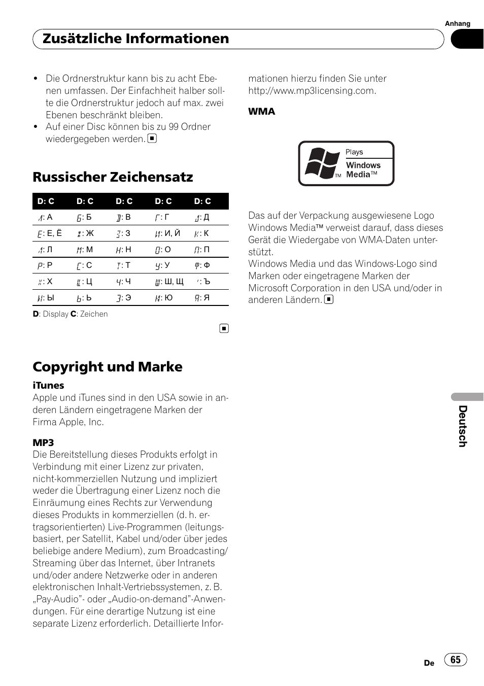 Russischer zeichensatz, Copyright und marke, Zusätzliche informationen | Deutsch | Pioneer DEH-1200MP User Manual | Page 65 / 94