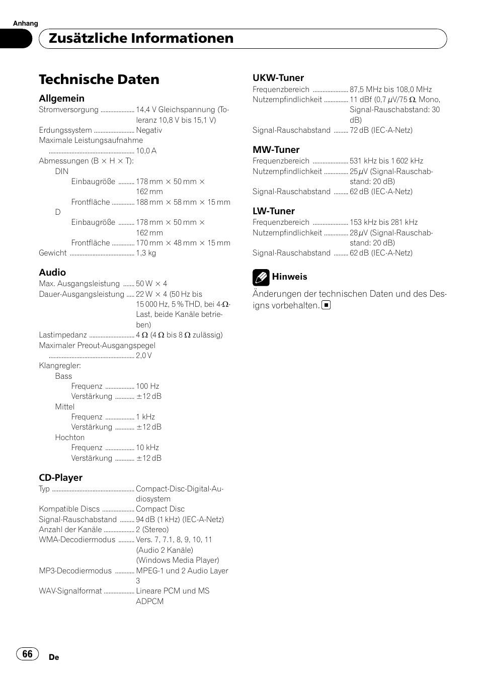 Technische daten, Zusätzliche informationen | Pioneer DEH-1200MP User Manual | Page 66 / 94