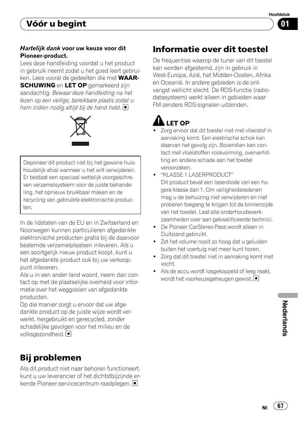 Bij problemen, Informatie over dit toestel, Vóór u begint | Pioneer DEH-1200MP User Manual | Page 67 / 94