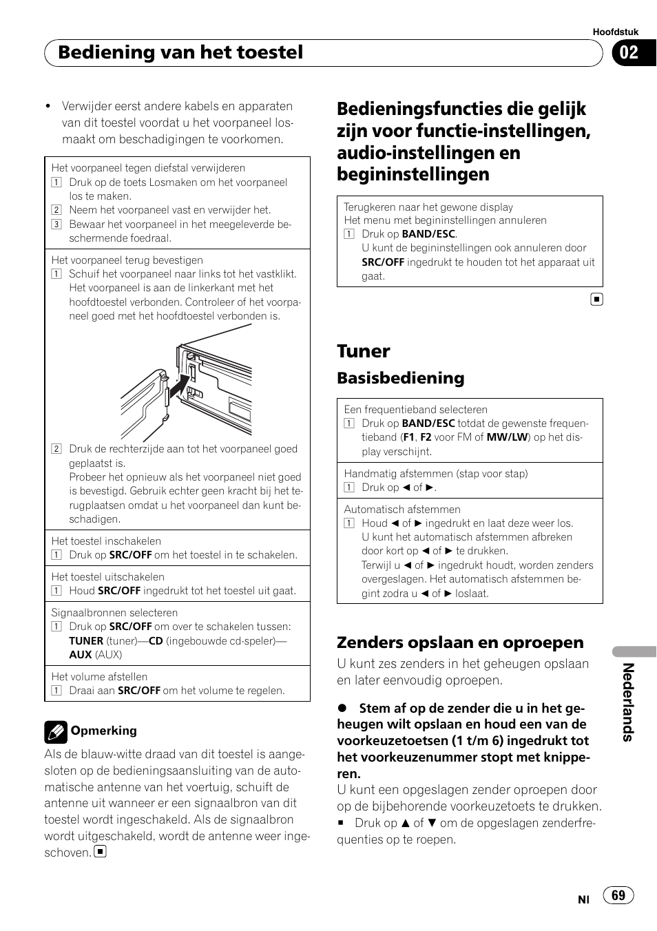 Tuner, Bediening van het toestel, Basisbediening | Zenders opslaan en oproepen, Nederlands | Pioneer DEH-1200MP User Manual | Page 69 / 94