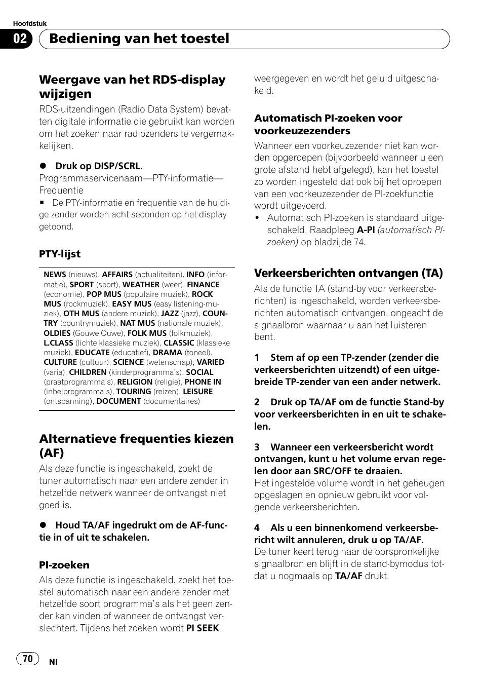 Bediening van het toestel, Weergave van het rds-display wijzigen, Alternatieve frequenties kiezen (af) | Verkeersberichten ontvangen (ta) | Pioneer DEH-1200MP User Manual | Page 70 / 94