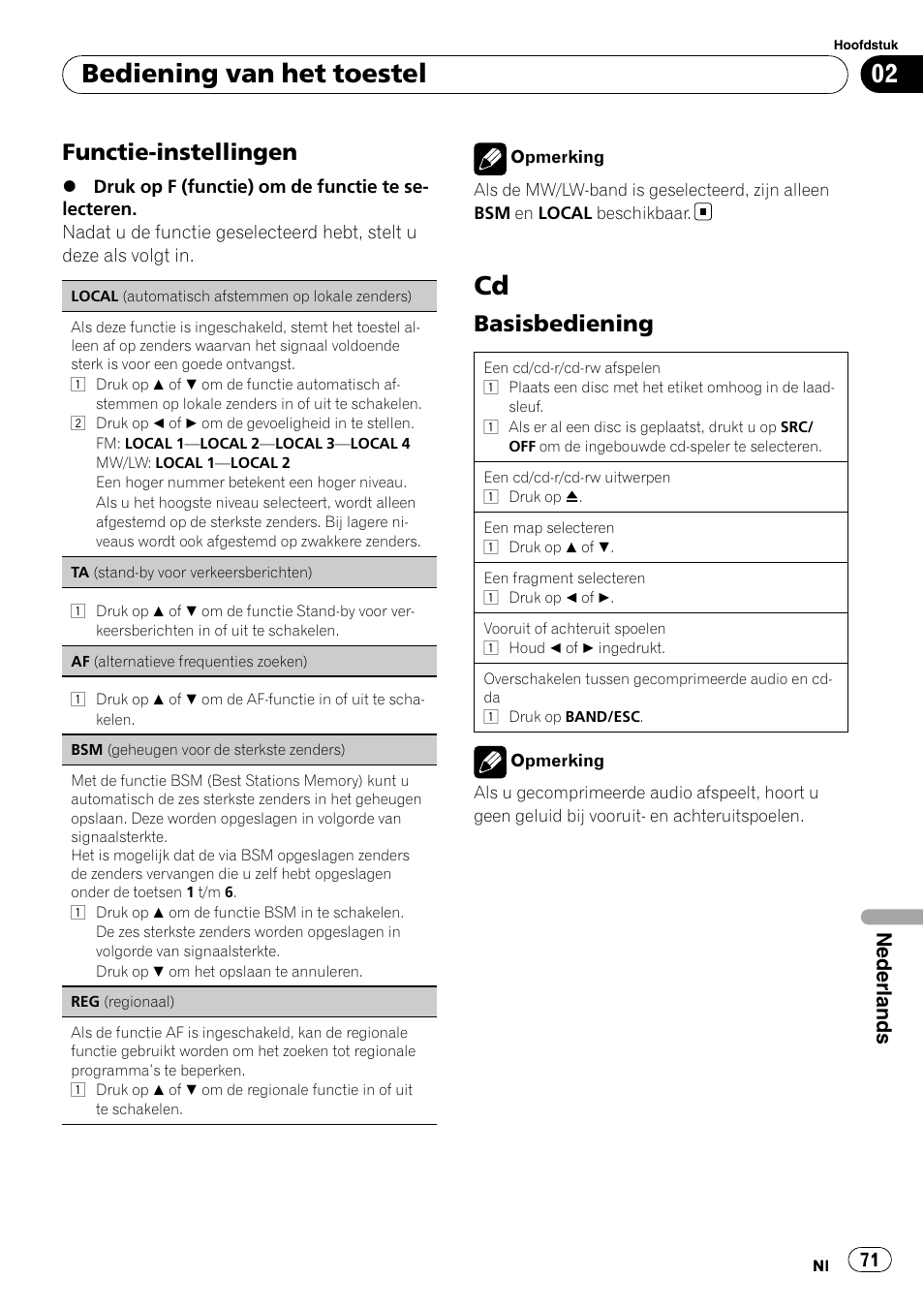 Bediening van het toestel, Functie-instellingen, Basisbediening | Nederlands | Pioneer DEH-1200MP User Manual | Page 71 / 94
