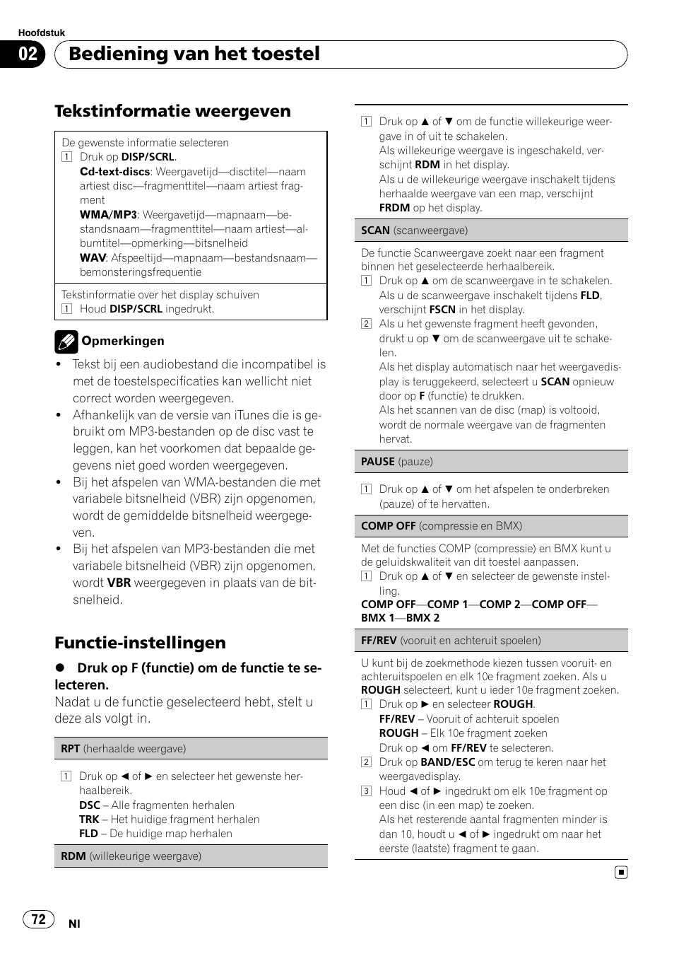 Bediening van het toestel, Tekstinformatie weergeven, Functie-instellingen | Pioneer DEH-1200MP User Manual | Page 72 / 94