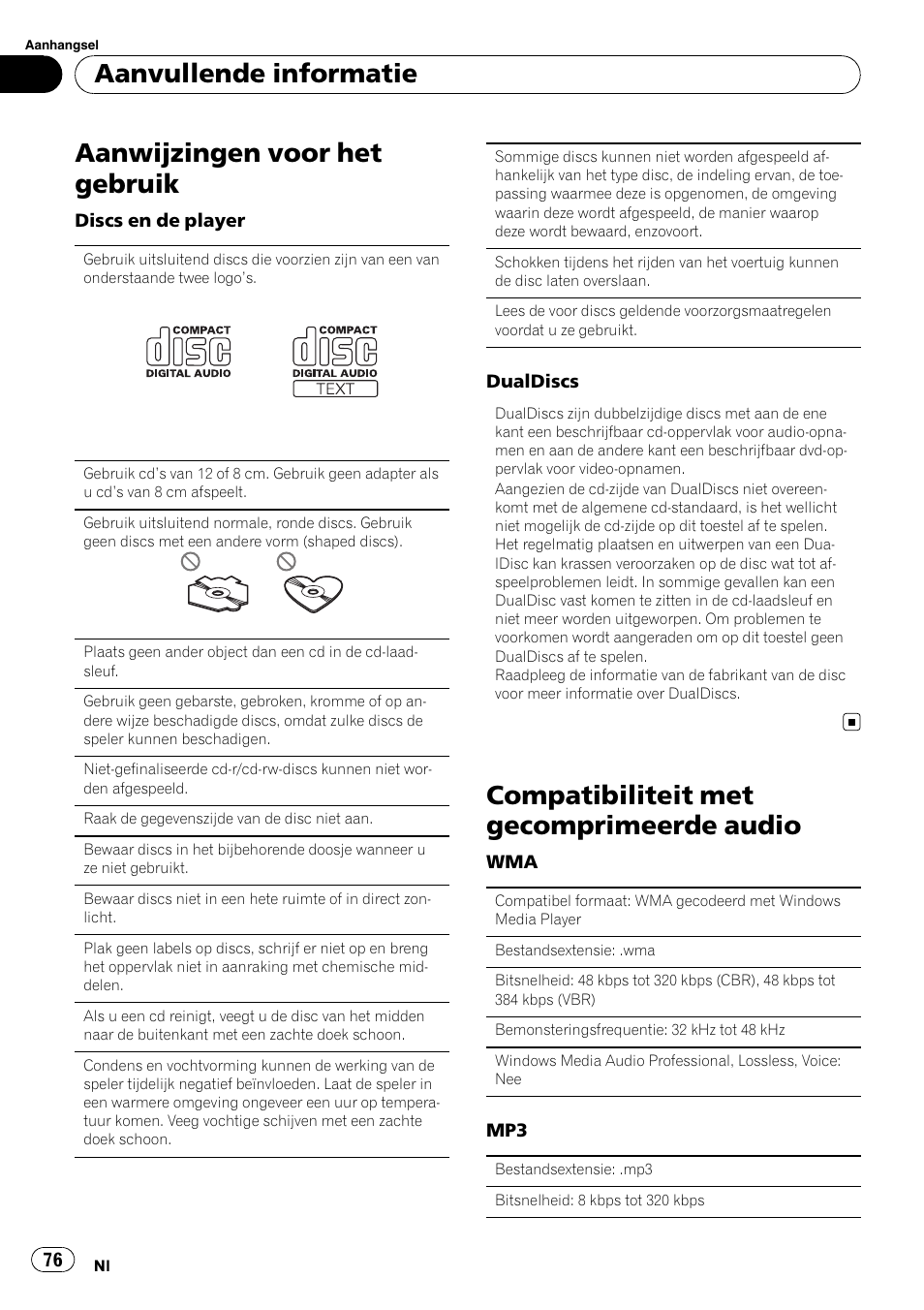 Aanwijzingen voor het gebruik, Compatibiliteit met gecomprimeerde audio, Aanvullende informatie | Pioneer DEH-1200MP User Manual | Page 76 / 94
