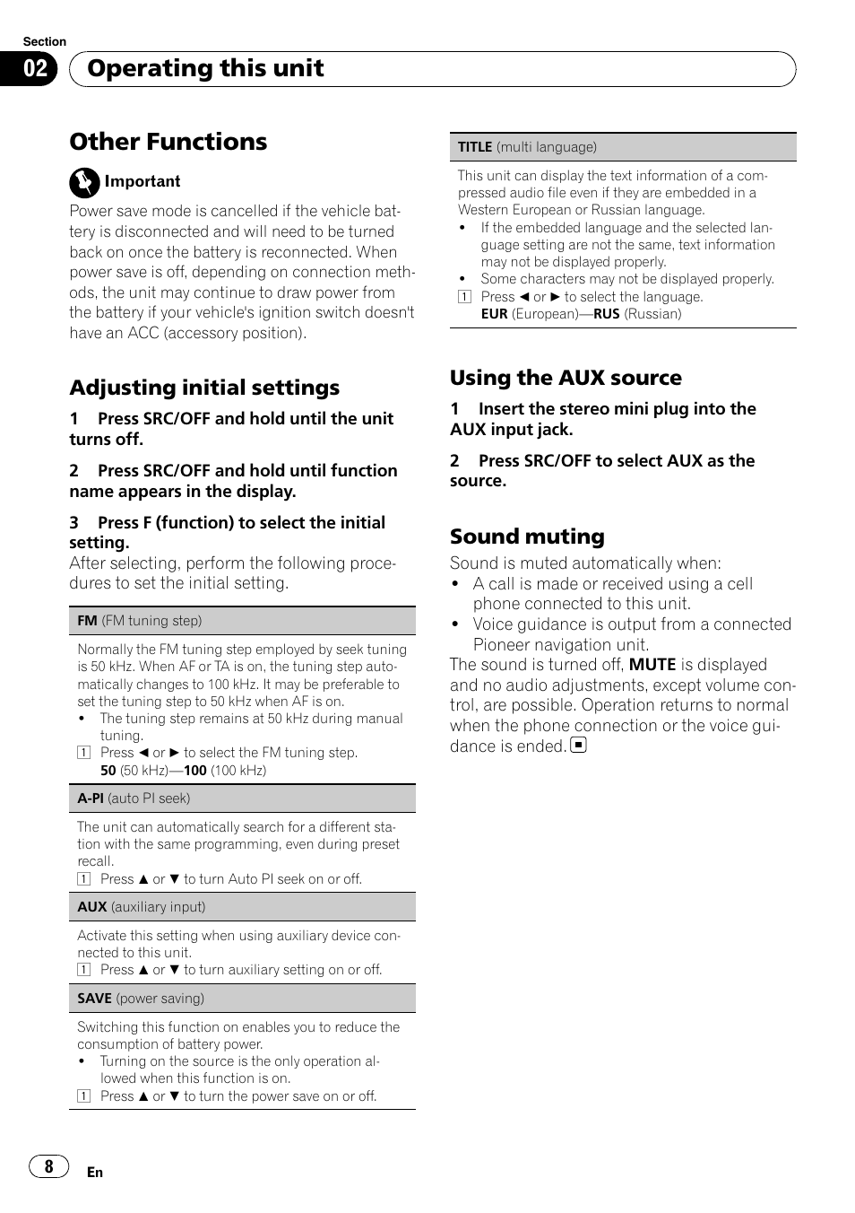 Other functions, Operating this unit, Adjusting initial settings | Using the aux source, Sound muting | Pioneer DEH-1200MP User Manual | Page 8 / 94