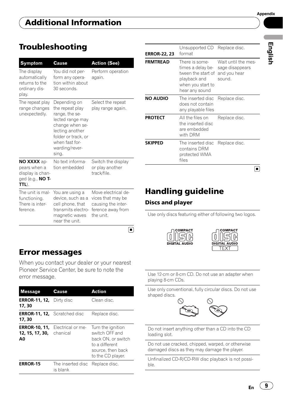 Troubleshooting, Error messages, Handling guideline | Additional information, English | Pioneer DEH-1200MP User Manual | Page 9 / 94