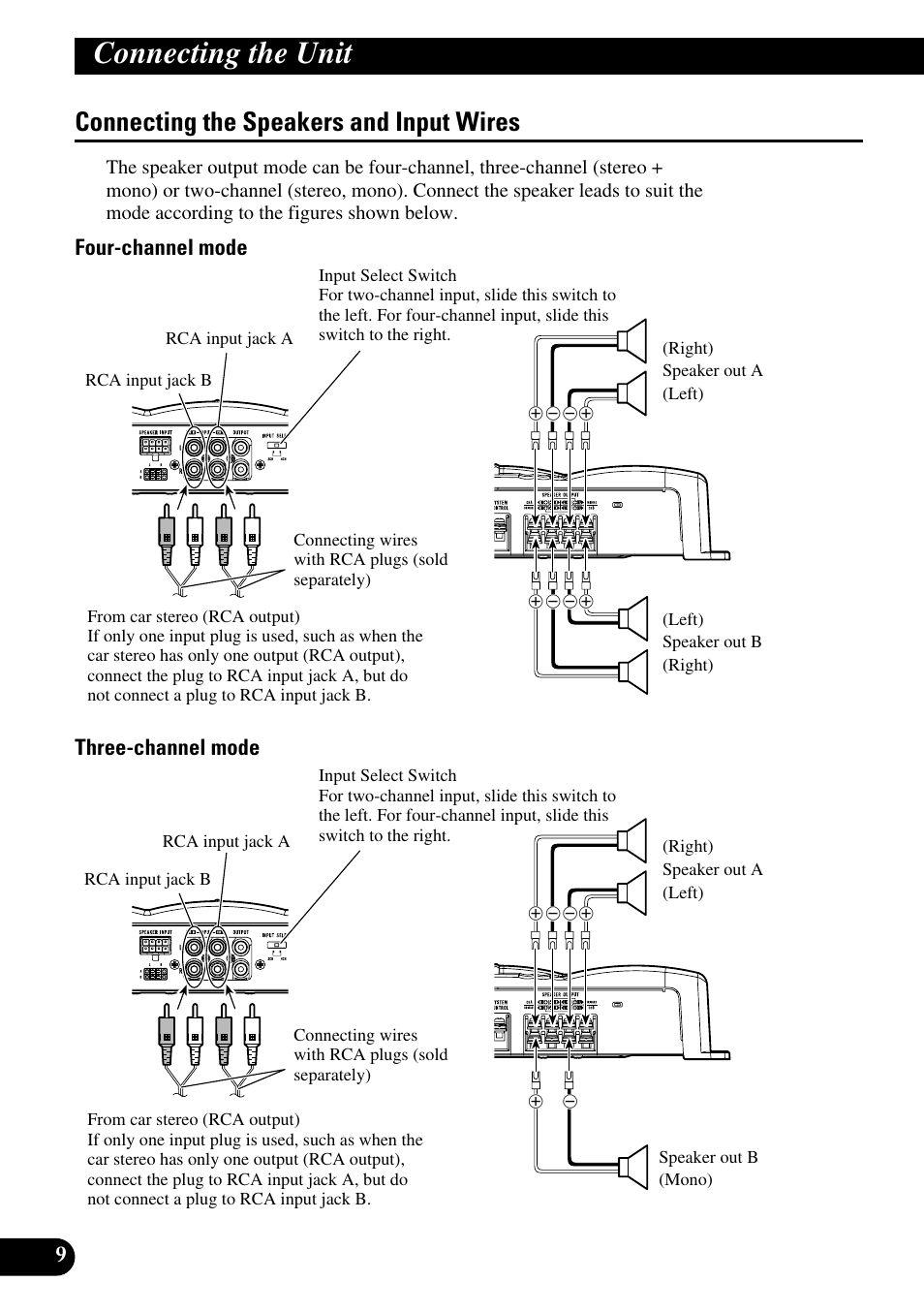 Connecting the speakers and input wires, Connecting the unit, Four-channel mode three-channel mode | Pioneer GM-6200F User Manual | Page 10 / 86