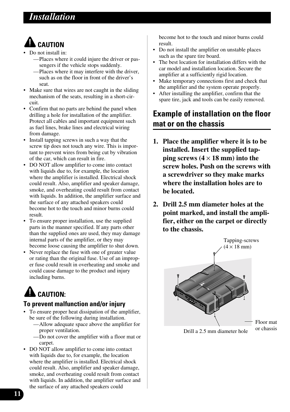 Installation, Example of installation on the floor mat, Or on the chassis | Pioneer GM-6200F User Manual | Page 12 / 86