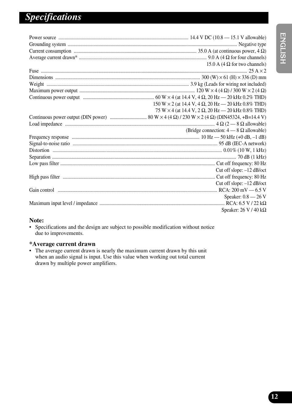 Specifications | Pioneer GM-6200F User Manual | Page 13 / 86
