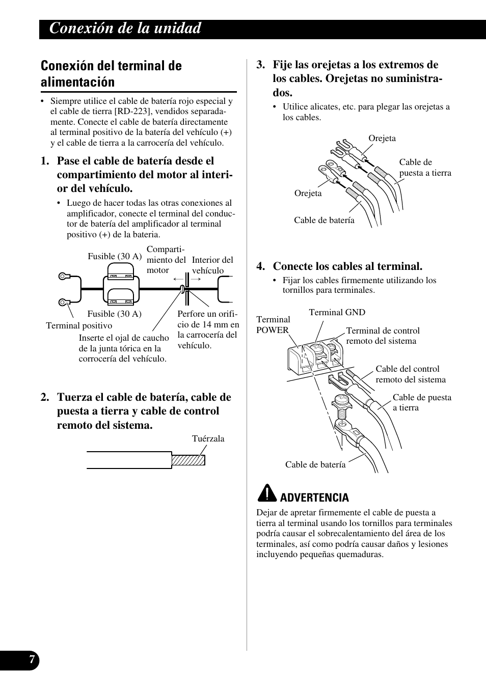 Conexión del terminal de alimentación, Conexión de la unidad | Pioneer GM-6200F User Manual | Page 20 / 86