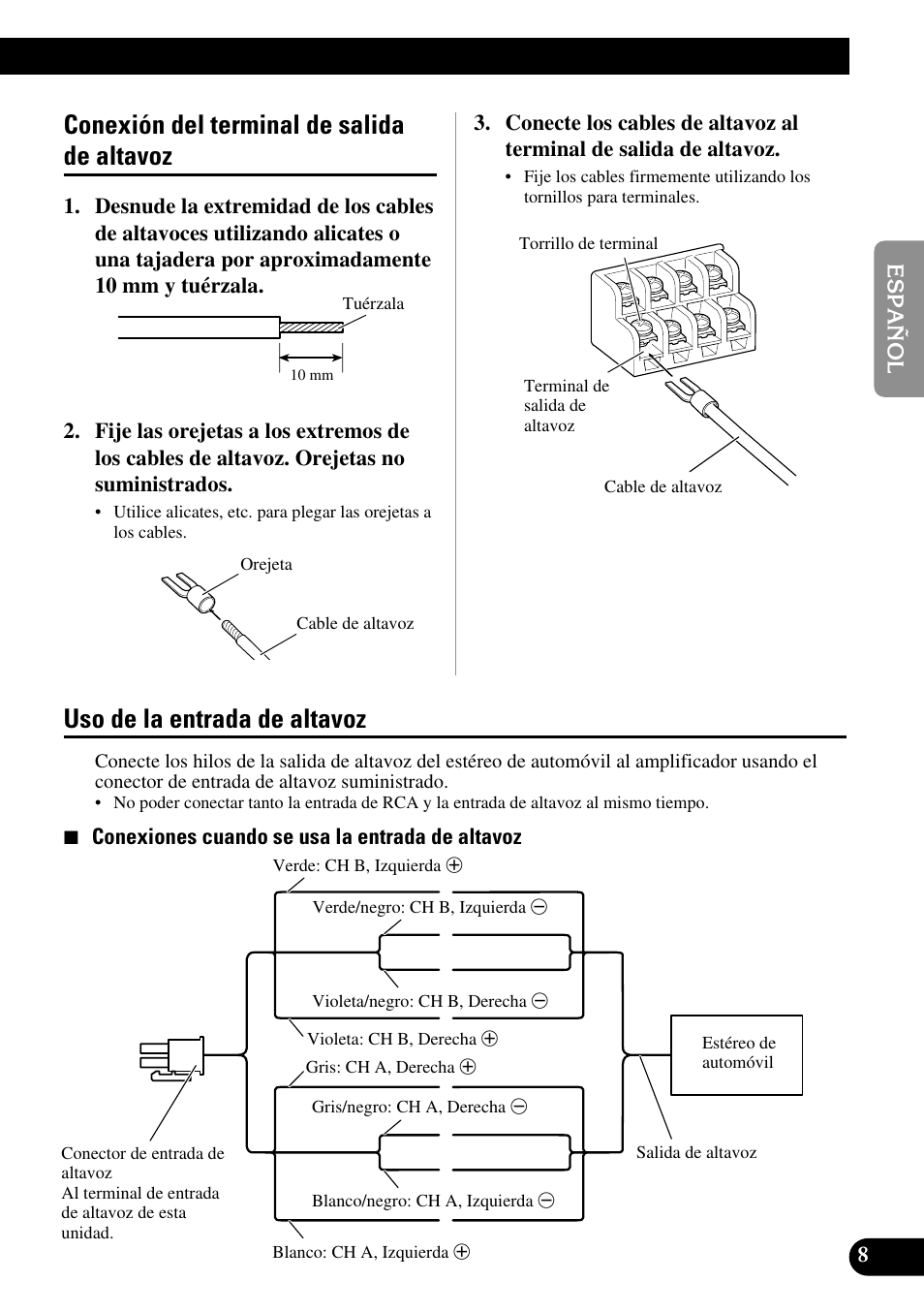 Uso de la entrada de altavoz, Conexión del terminal de salida de altavoz | Pioneer GM-6200F User Manual | Page 21 / 86