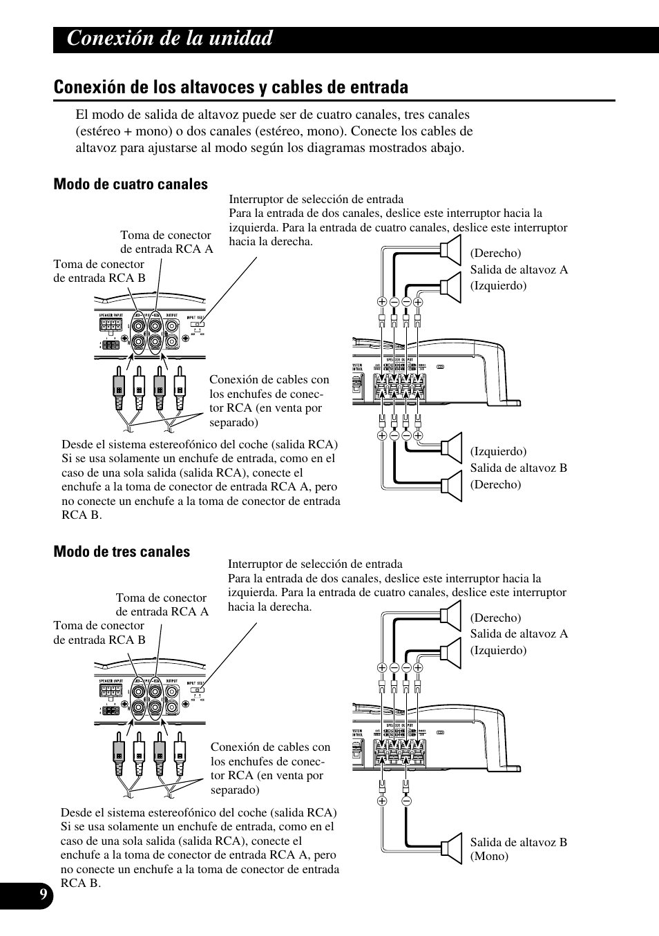 Conexión de los altavoces y cables, De entrada, Conexión de la unidad | Conexión de los altavoces y cables de entrada, Modo de cuatro canales modo de tres canales | Pioneer GM-6200F User Manual | Page 22 / 86