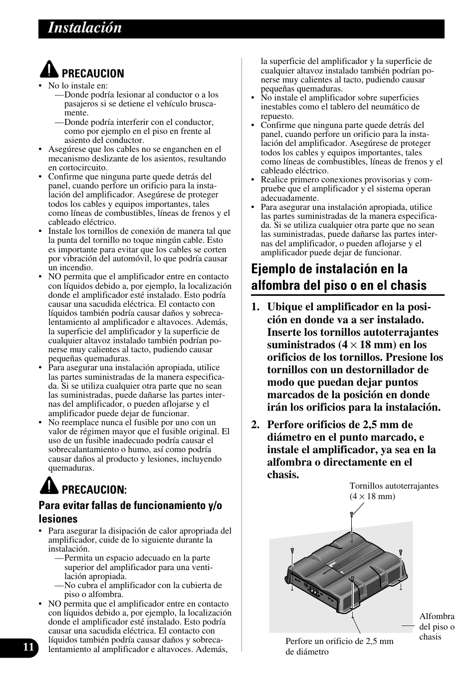 Instalación, Ejemplo de instalación en la alfombra del, Piso o en el chasis | Pioneer GM-6200F User Manual | Page 24 / 86