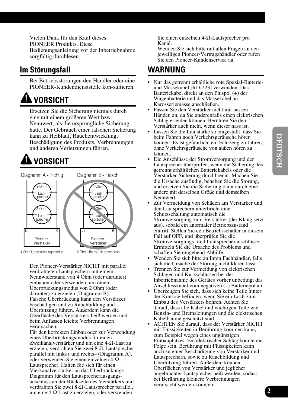 Im störungsfall vorsicht vorsicht warnung, Im störungsfall, Vorsicht | Warnung | Pioneer GM-6200F User Manual | Page 27 / 86