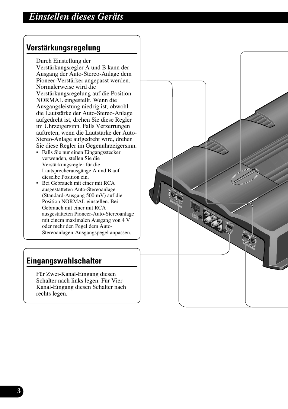 Einstellen dieses geräts, Verstärkungsregelung eingangswahlschalter, Verstärkungsregelung | Eingangswahlschalter | Pioneer GM-6200F User Manual | Page 28 / 86