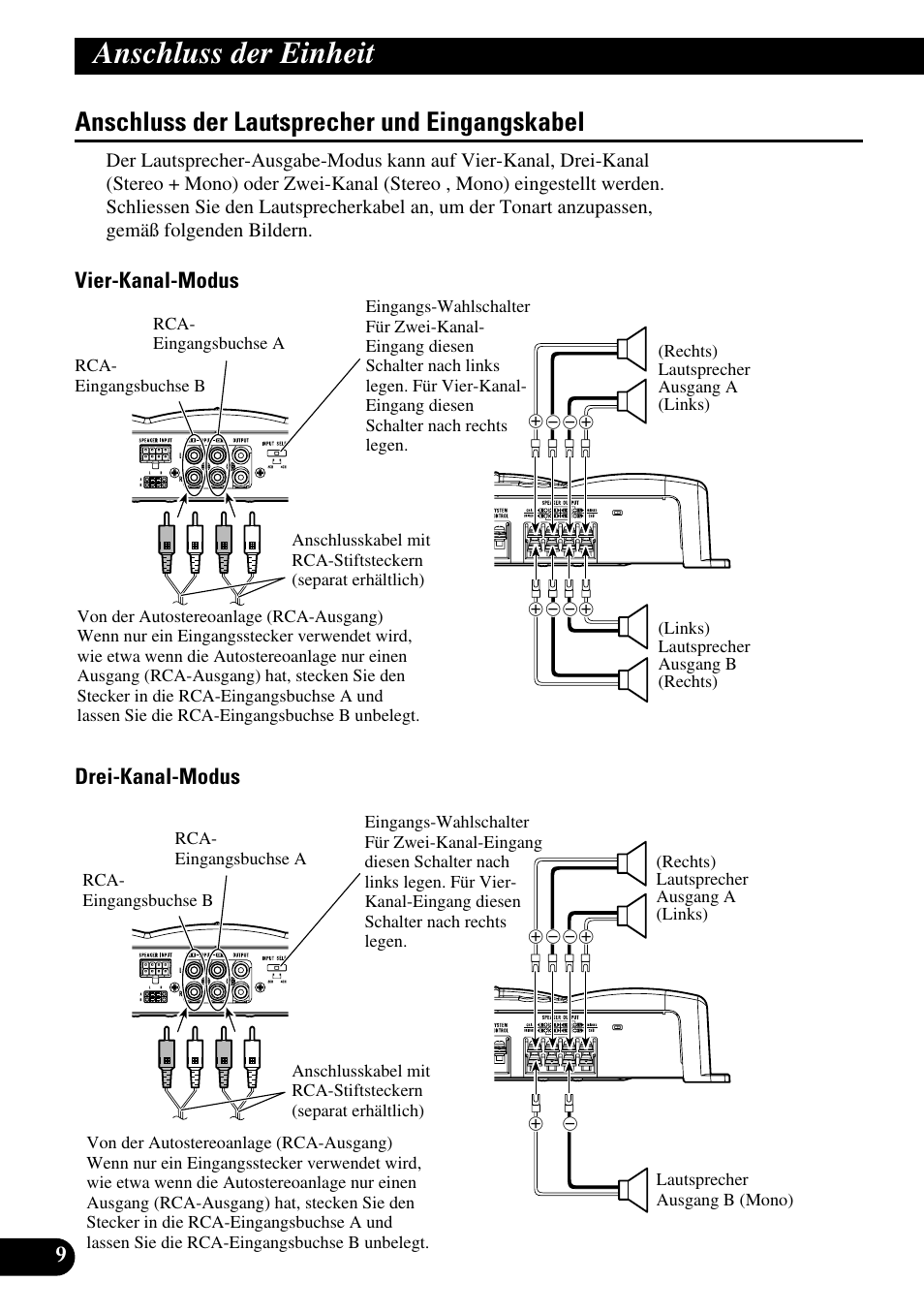 Anschluss der lautsprecher und, Eingangskabel, Anschluss der einheit | Anschluss der lautsprecher und eingangskabel, Vier-kanal-modus drei-kanal-modus | Pioneer GM-6200F User Manual | Page 34 / 86
