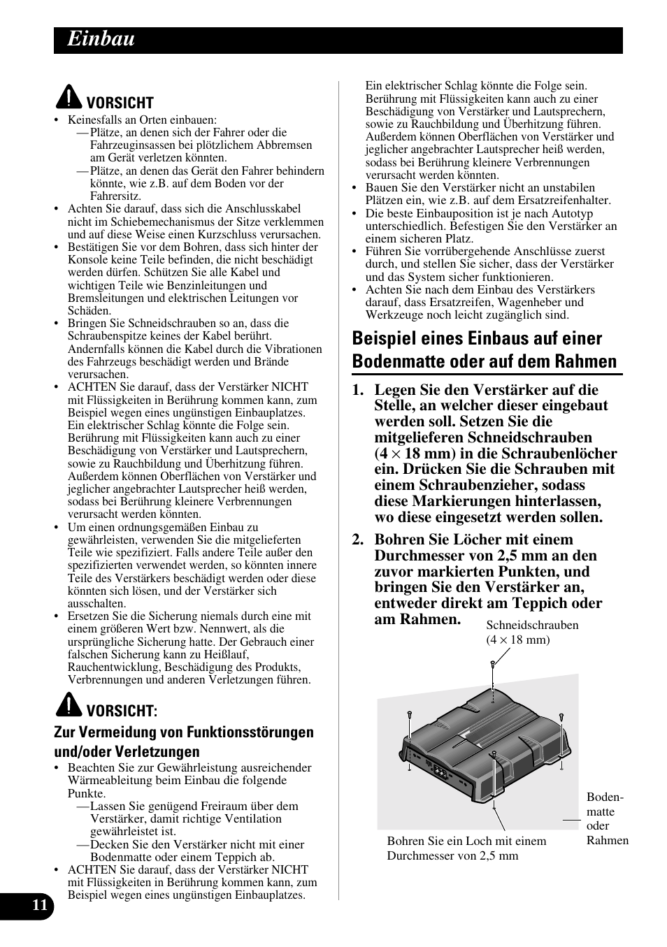 Einbau, Beispiel eines einbaus auf einer bodenmatte, Oder auf dem rahmen | Pioneer GM-6200F User Manual | Page 36 / 86