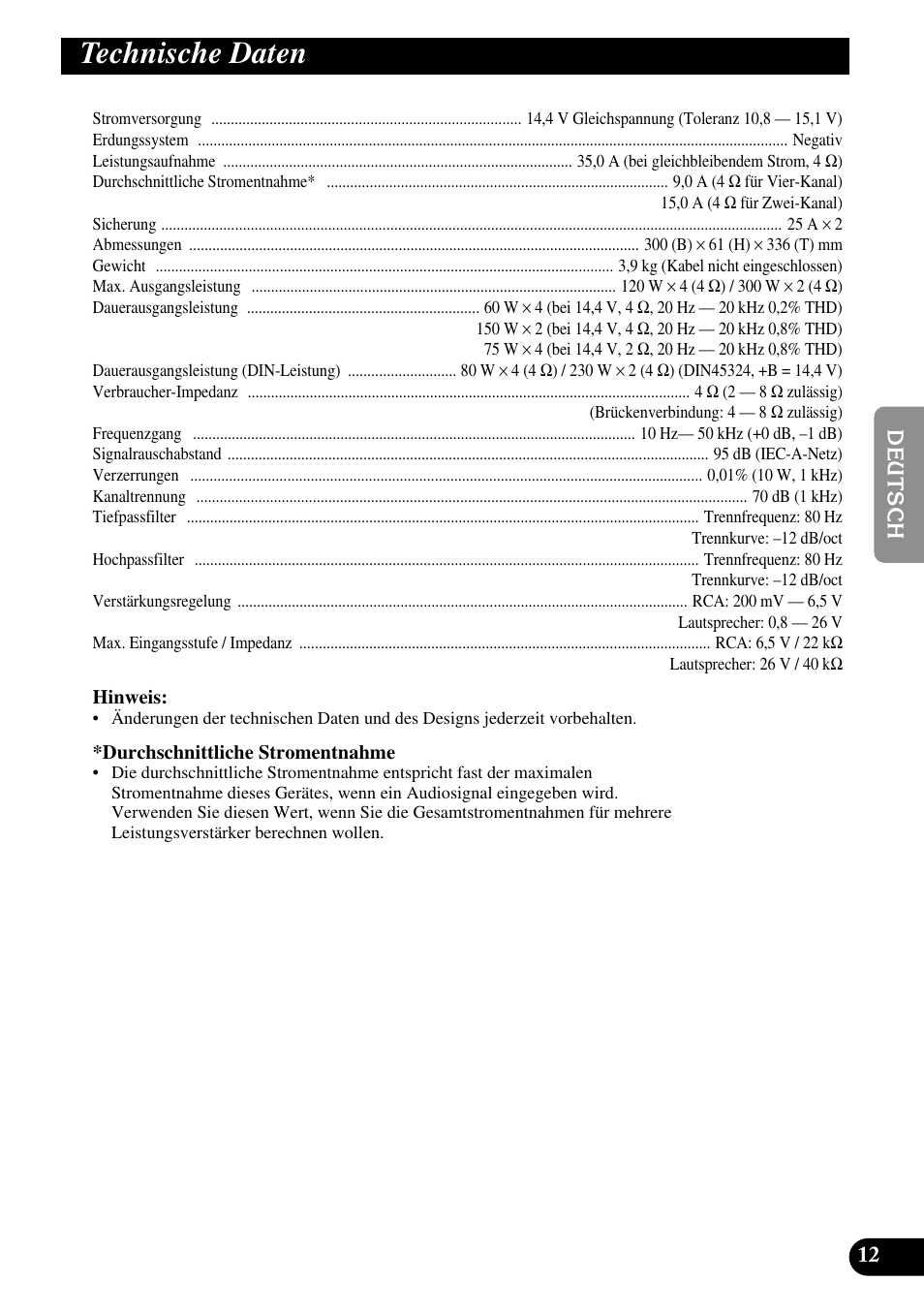 Technische daten | Pioneer GM-6200F User Manual | Page 37 / 86