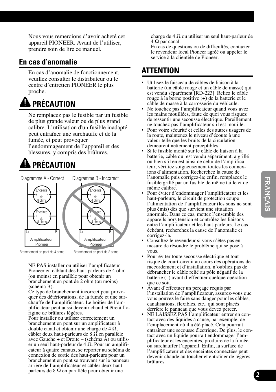 En cas d’anomalie précaution précaution attention, En cas d’anomalie, Précaution | Attention | Pioneer GM-6200F User Manual | Page 39 / 86