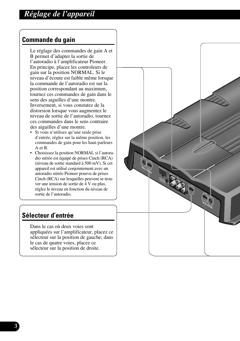 Réglage de l’appareil, Commande du gain sélecteur d’entrée, Commande du gain | Sélecteur d’entrée | Pioneer GM-6200F User Manual | Page 40 / 86