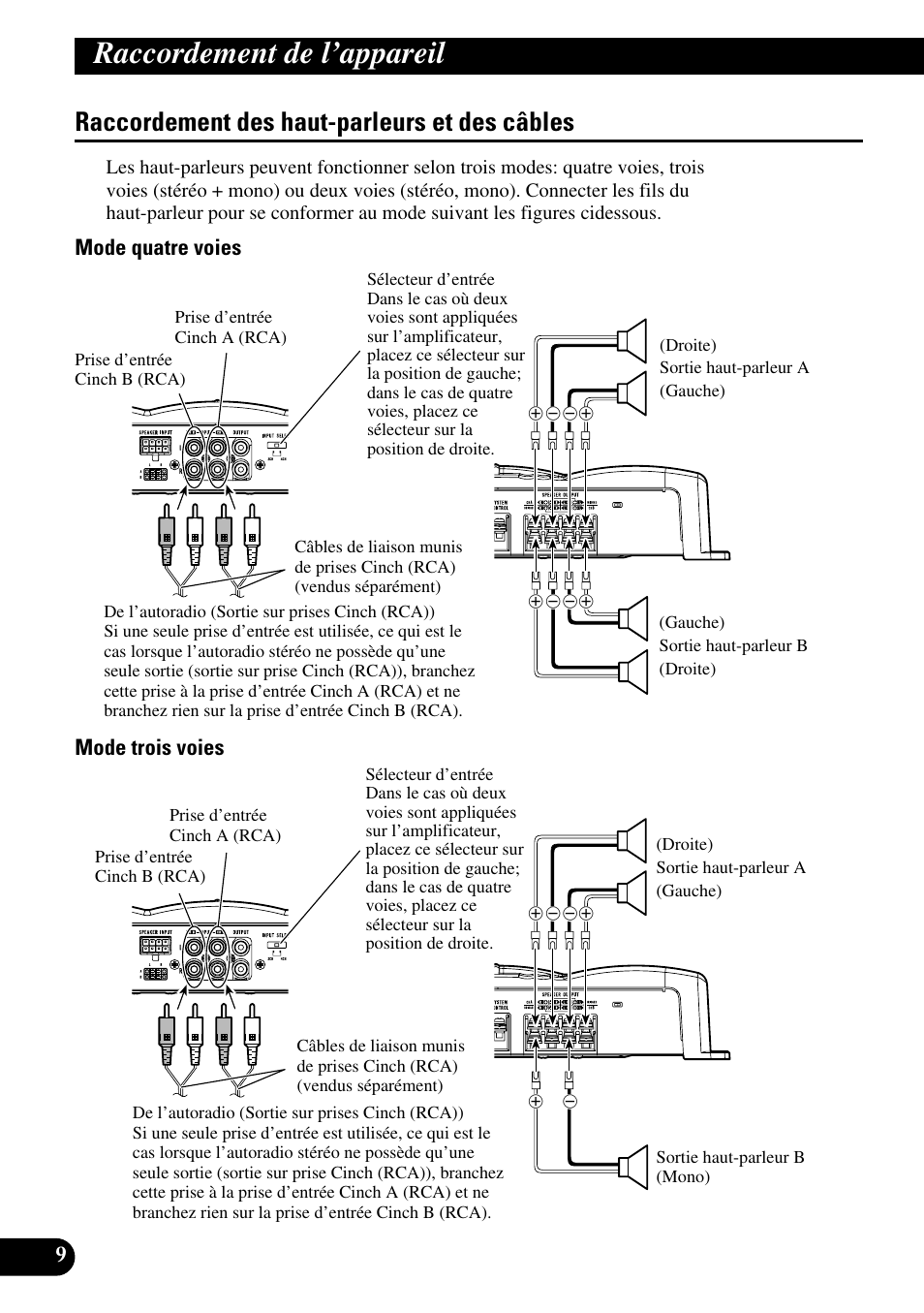 Raccordement des haut-parleurs et des, Câbles, Raccordement de l’appareil | Raccordement des haut-parleurs et des câbles, Mode quatre voies mode trois voies | Pioneer GM-6200F User Manual | Page 46 / 86