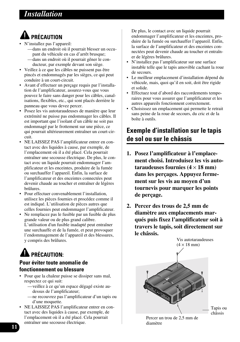 Installation, Exemple d’installation sur le tapis de sol ou, Sur le châssis | Pioneer GM-6200F User Manual | Page 48 / 86