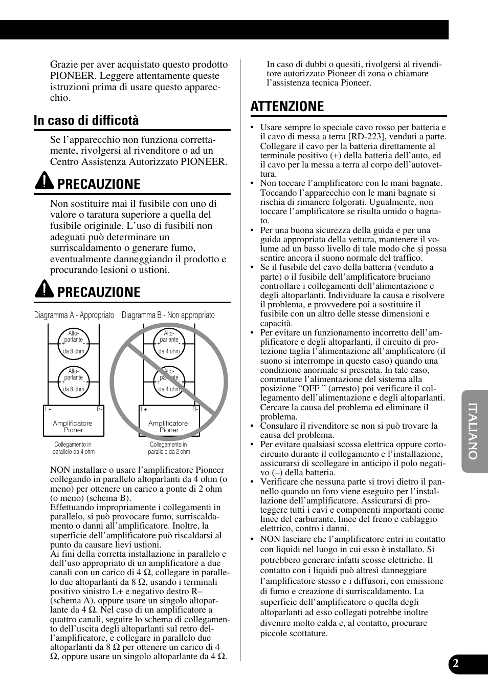 Precauzione, Attenzione | Pioneer GM-6200F User Manual | Page 51 / 86