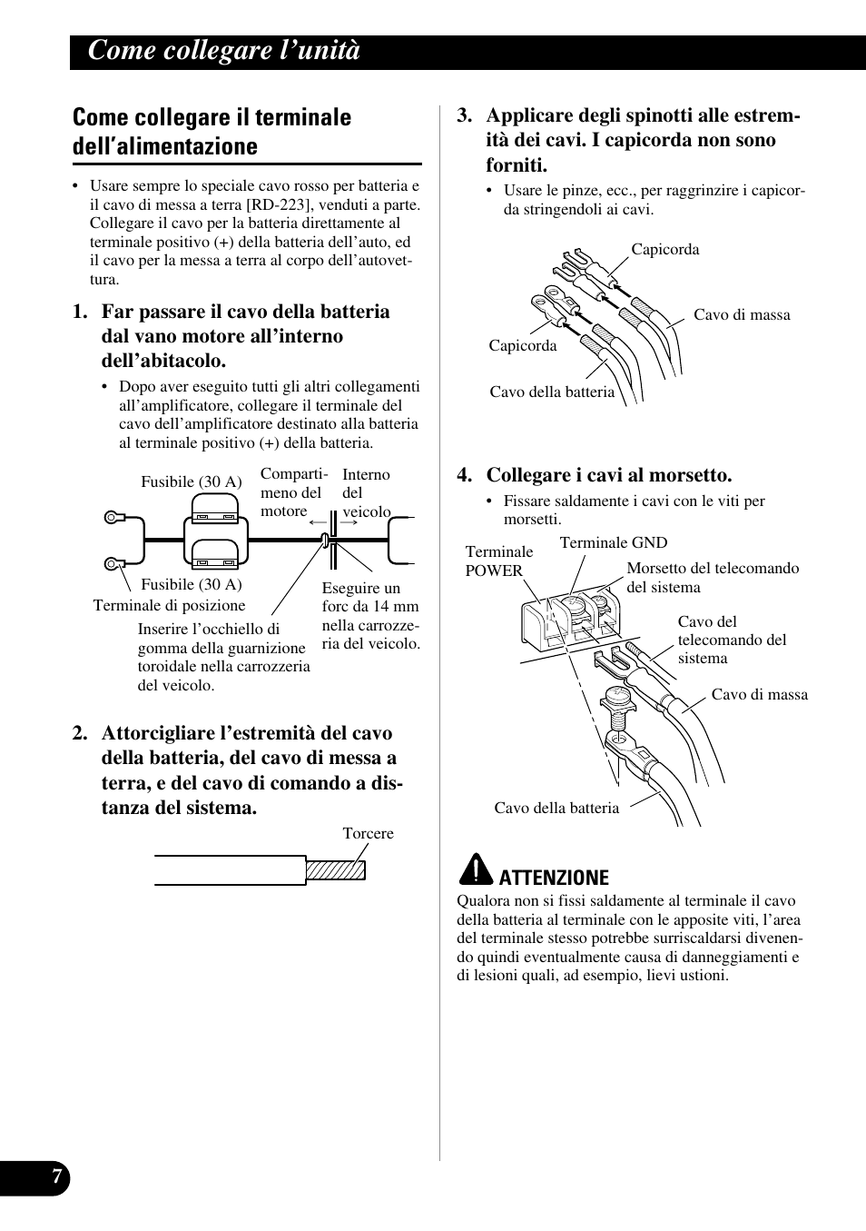 Come collegare il terminale, Dell’alimentazione, Come collegare l’unità | Come collegare il terminale dell’alimentazione | Pioneer GM-6200F User Manual | Page 56 / 86