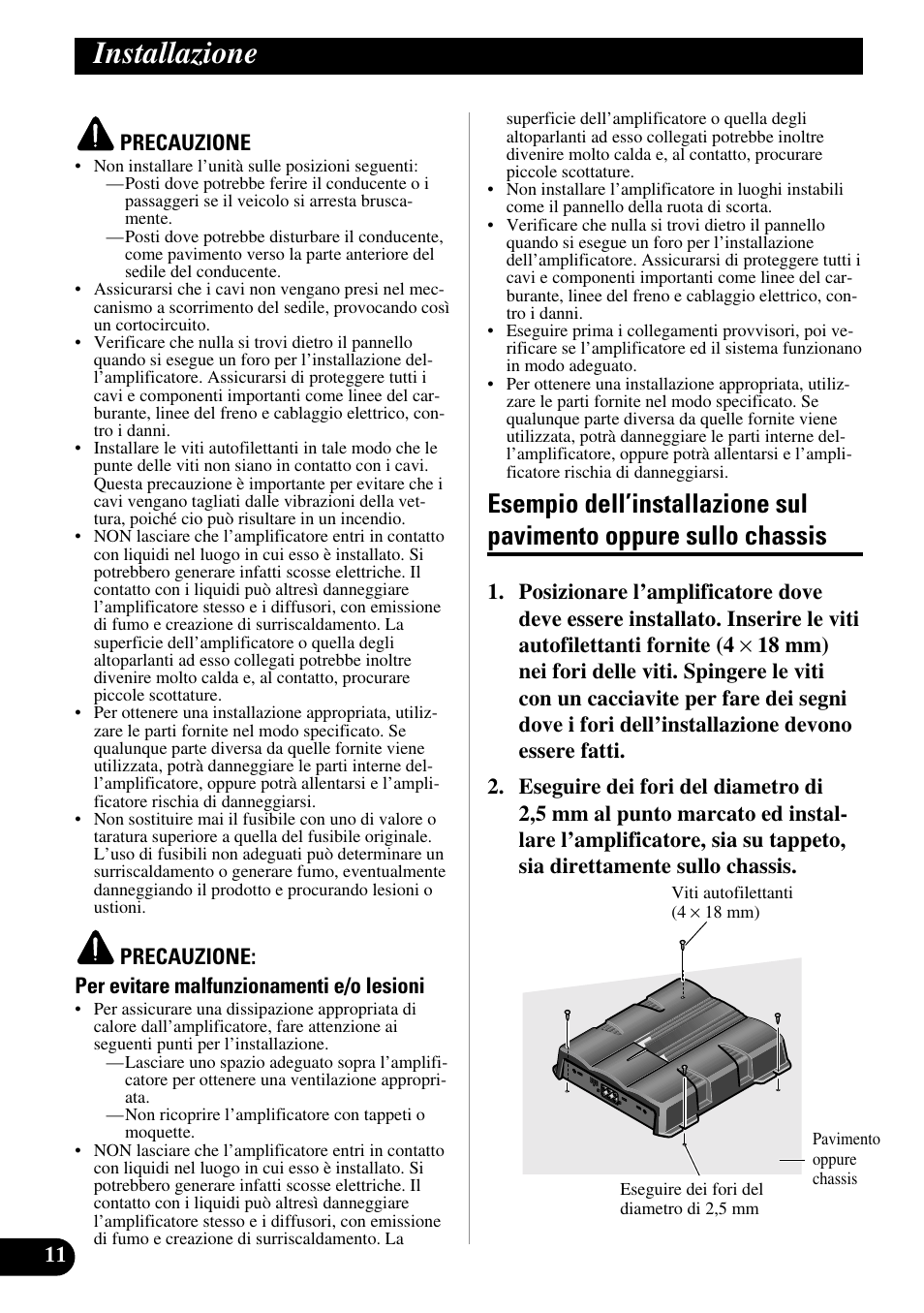 Installazione, Esempio dell’installazione sul pavimento, Oppure sullo chassis | Pioneer GM-6200F User Manual | Page 60 / 86