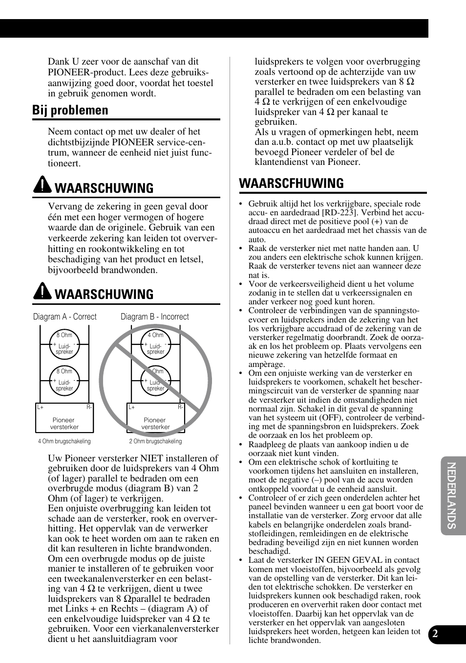 Bij problemen, Waarschuwing, Waarscfhuwing | Pioneer GM-6200F User Manual | Page 63 / 86