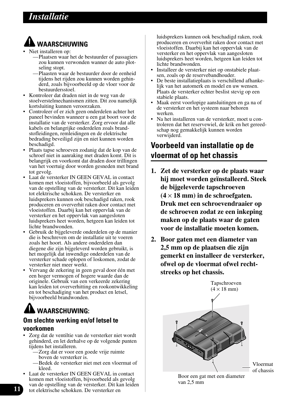 Installatie, Voorbeeld van installatie op de vloermat of, Op het chassis | Pioneer GM-6200F User Manual | Page 72 / 86