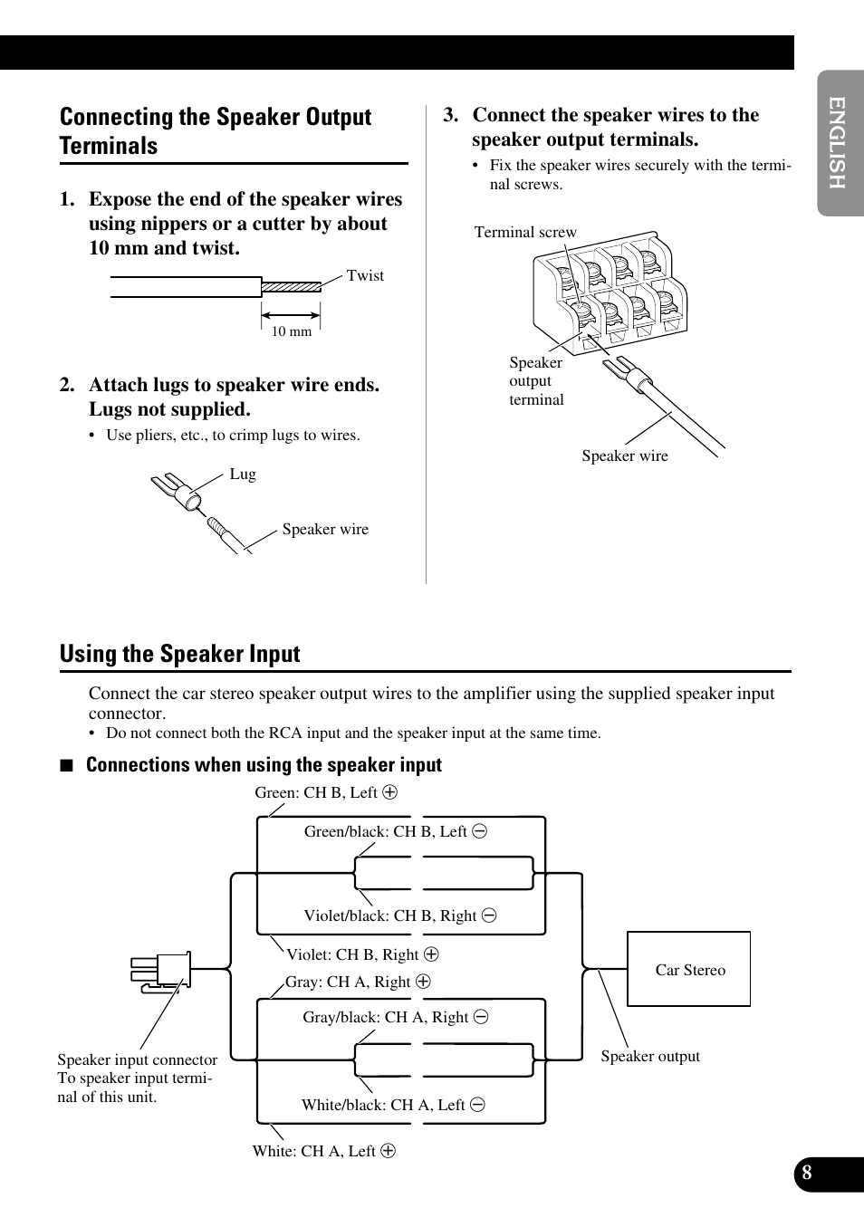 Connecting the speaker output terminals, Using the speaker input | Pioneer GM-6200F User Manual | Page 9 / 86