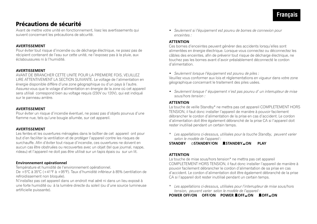 Précautions de sécurité, Français | Pioneer A-109 User Manual | Page 2 / 8