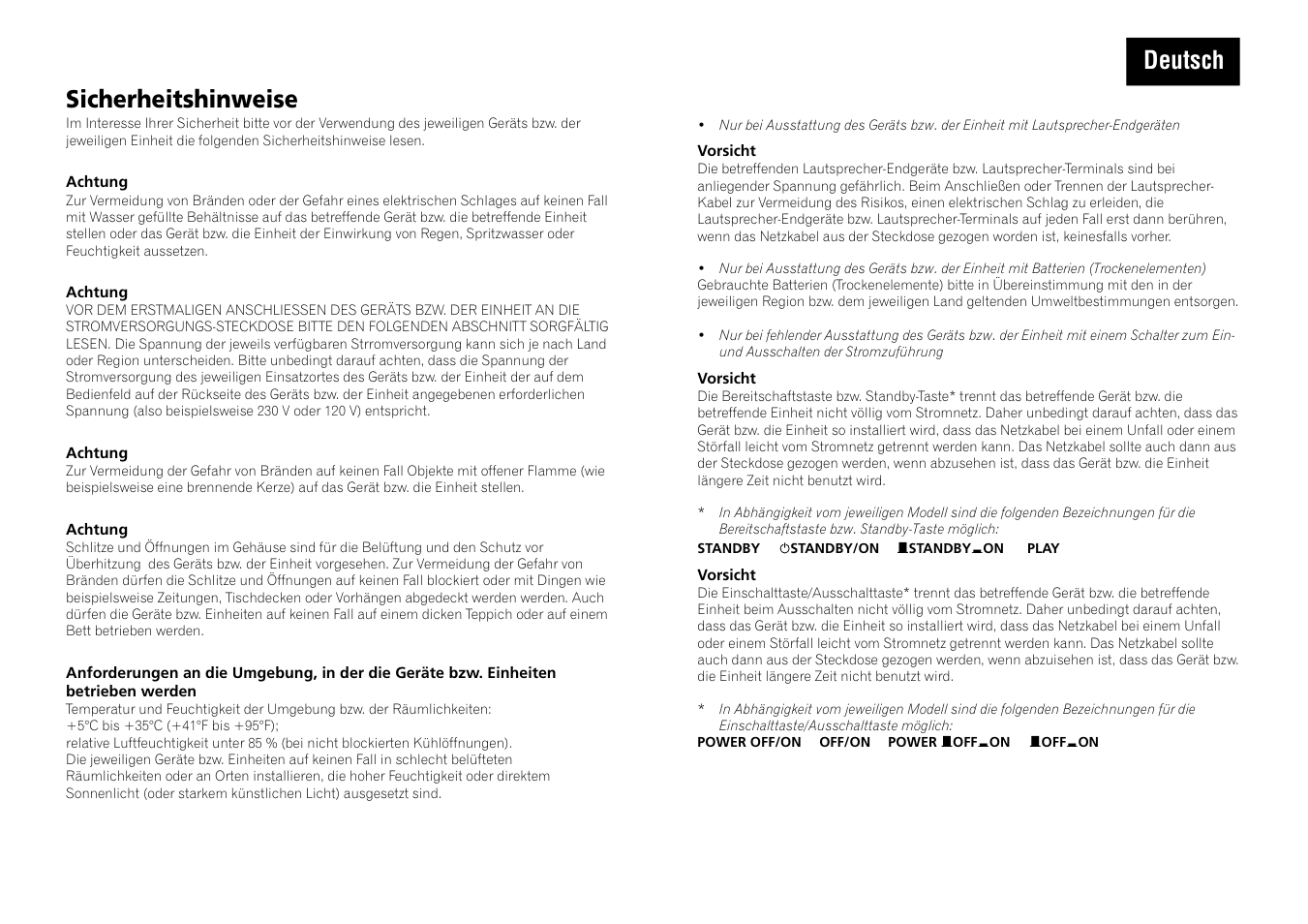 Sicherheitshinweise, Deutsch | Pioneer A-109 User Manual | Page 3 / 8