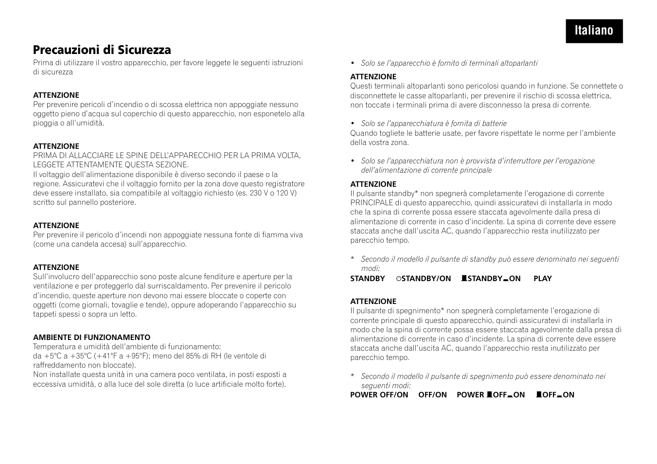 Precauzioni di sicurezza, Italiano | Pioneer A-109 User Manual | Page 4 / 8