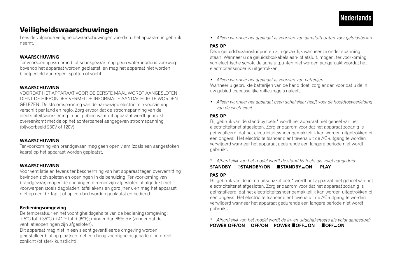 Veiligheidswaarschuwingen, Nederlands | Pioneer A-109 User Manual | Page 5 / 8