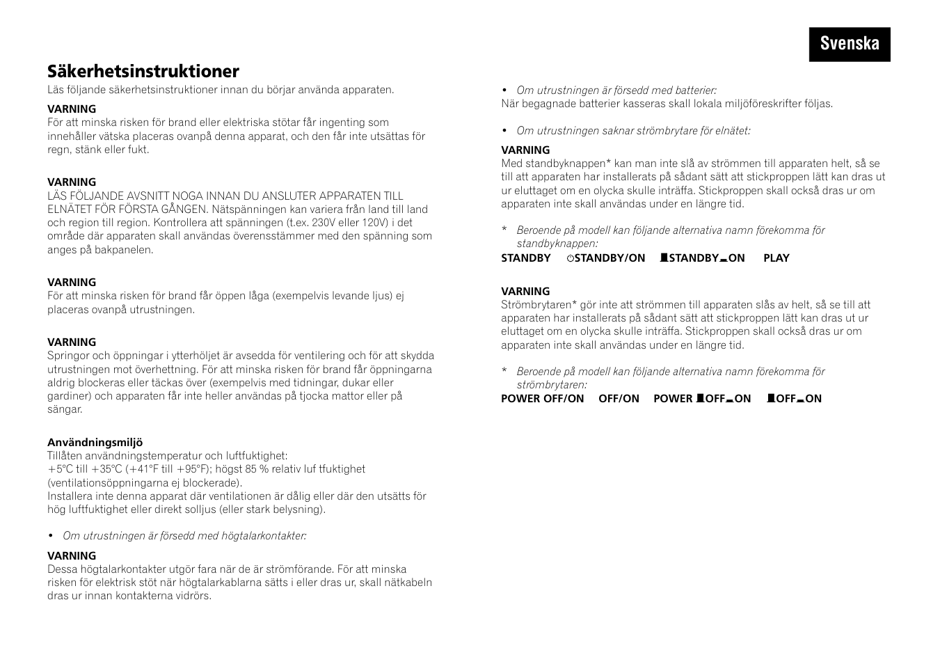 Svenska säkerhetsinstruktioner | Pioneer A-109 User Manual | Page 6 / 8