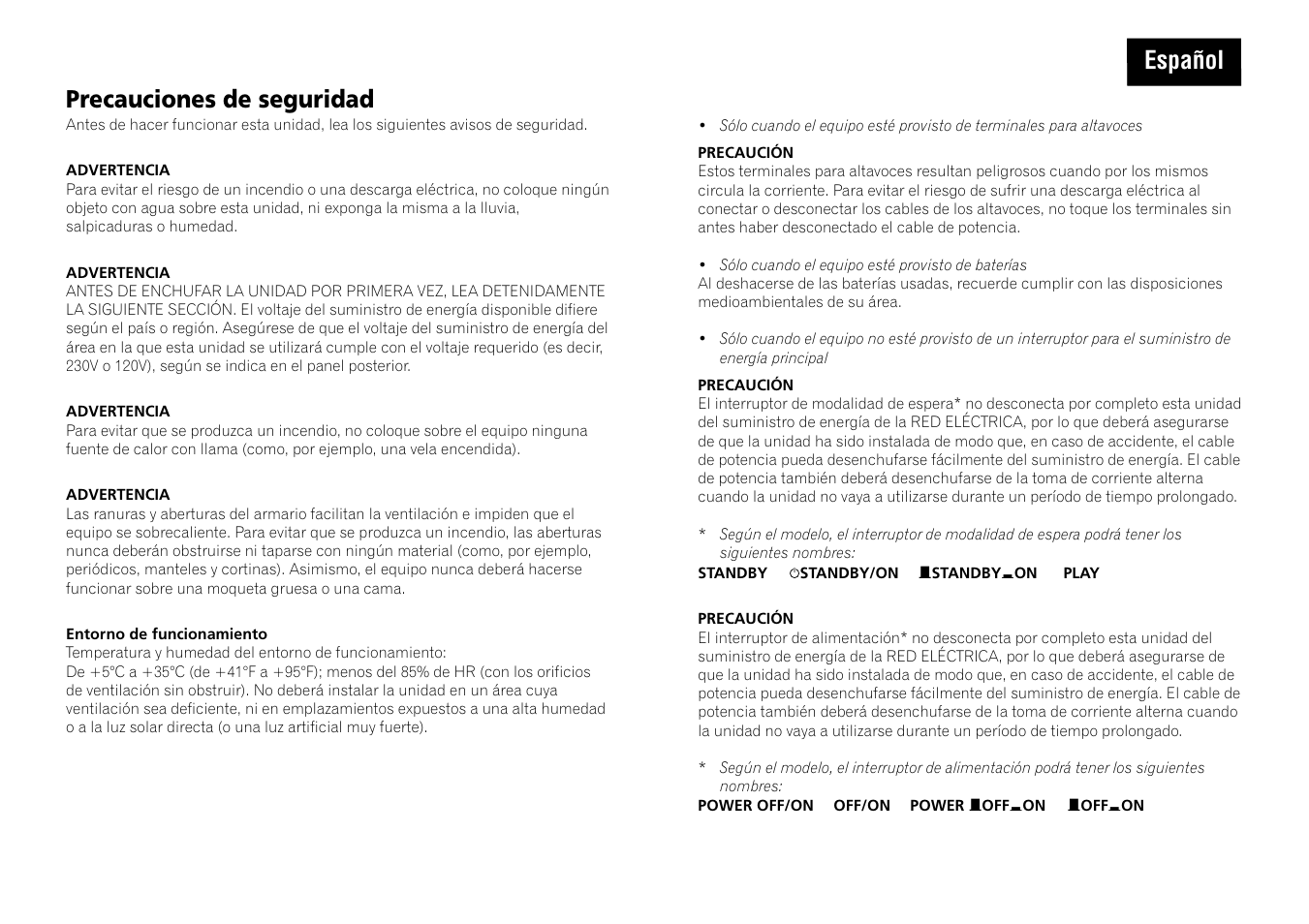 Precauciones de seguridad, Español | Pioneer A-109 User Manual | Page 7 / 8