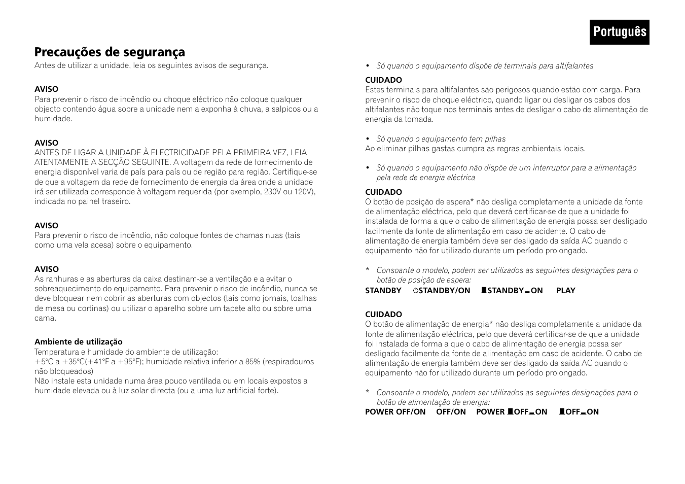 Português precauções de segurança | Pioneer A-109 User Manual | Page 8 / 8