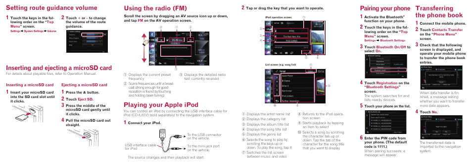 Pairing your phone, Transferring the phone book, Setting route guidance volume | Using the radio (fm) playing your apple ipod, Inserting and ejecting a microsd card | Pioneer AVIC-F8430BT User Manual | Page 2 / 2