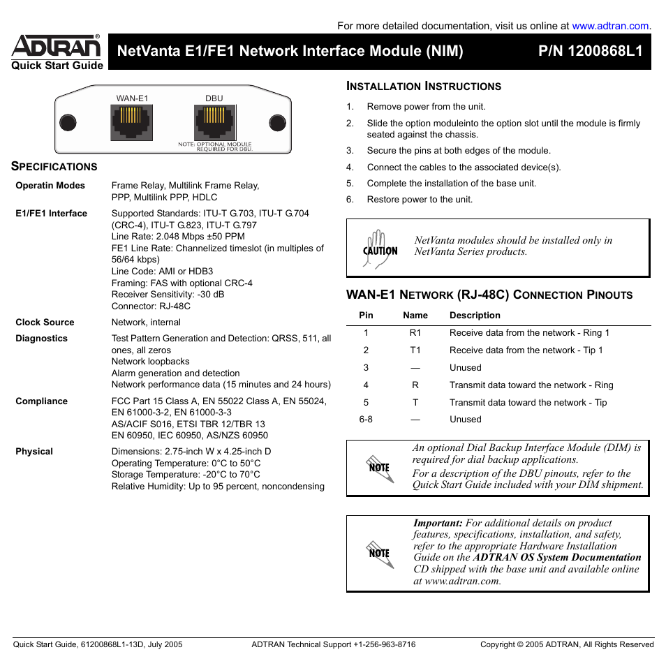 ADTRAN FE1 User Manual | 2 pages