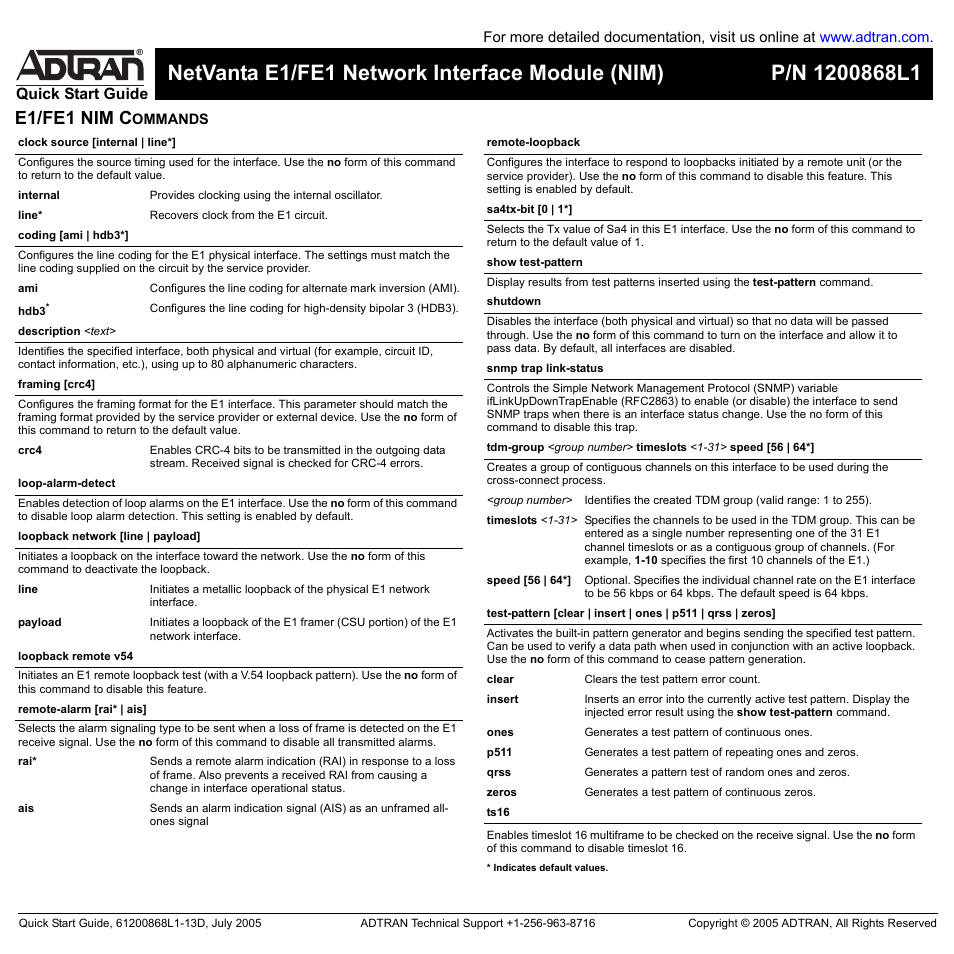 E1/fe1 nim c, Quick start guide | ADTRAN FE1 User Manual | Page 2 / 2